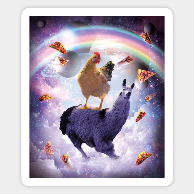 Chicken Riding Llama In Space - Rainbow Sticker by Random Galaxy